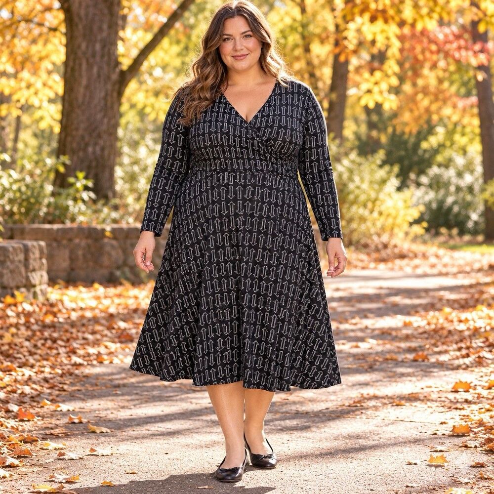 Effie’s Heart Black White Arrow Print 4X Faux Wrap Long Sleeve Midi Dress Plus